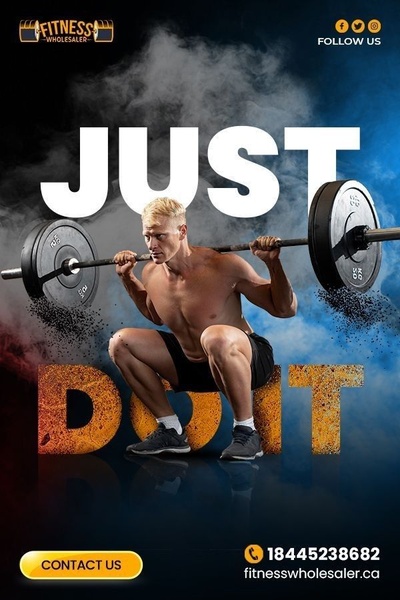 A high-intensity fitness ad featuring a focused athlete mid-squat with a barbell, emphasizing determination and product-centric power.